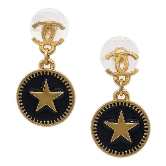 Chanel Button Dangle Piercing Earrings Black 01P - Picture 1 of 4